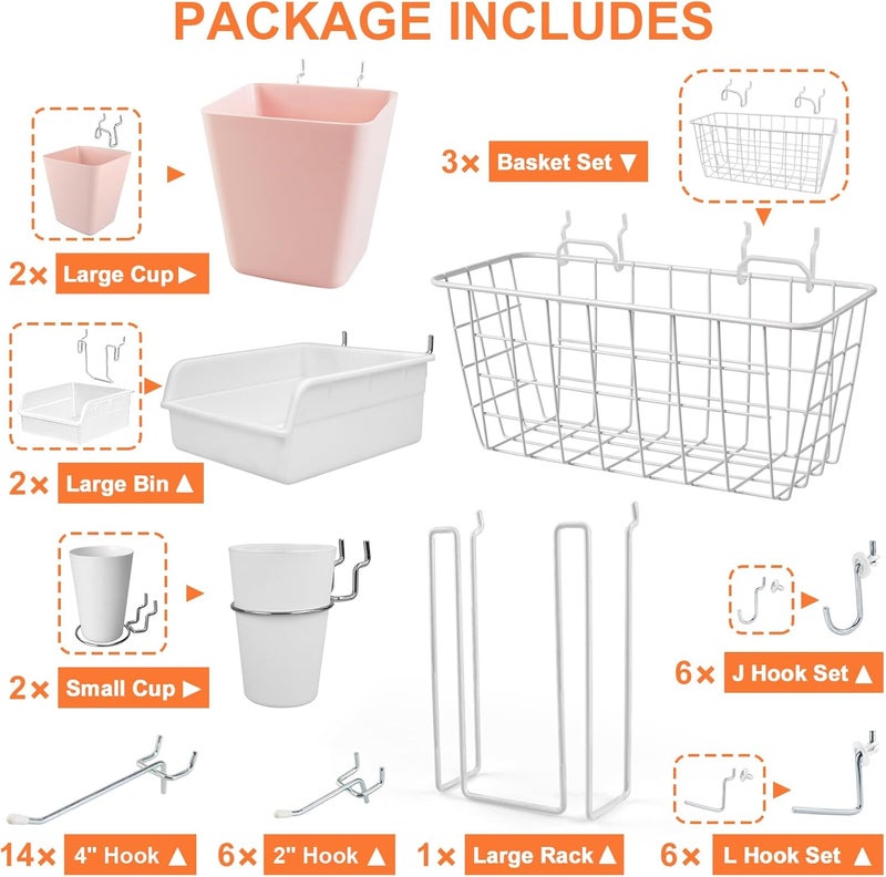 G.CORE Pegboard Basket Organizers, Peg Board Large Baskets Hooks Bins Cups Tool Organizer 42 Pack Set, Wall Storage Display Hanging Accessories for Craft Office Stadio Shed Garage Organization (White & Pink) - Image 3